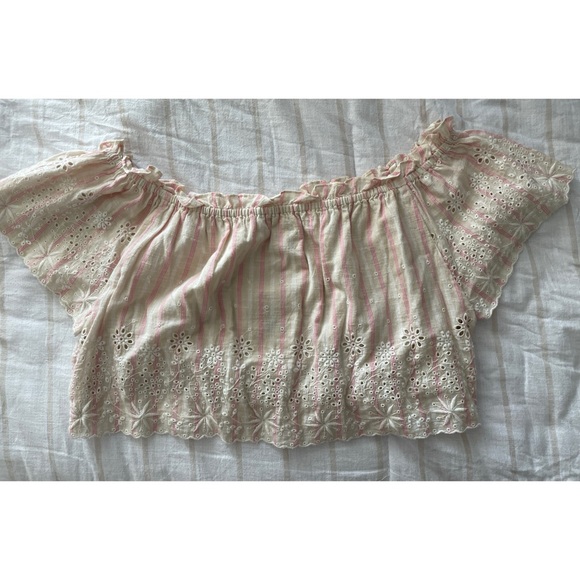 LoveShackFancy off shoulder pink stripe crop top L - Picture 4 of 8